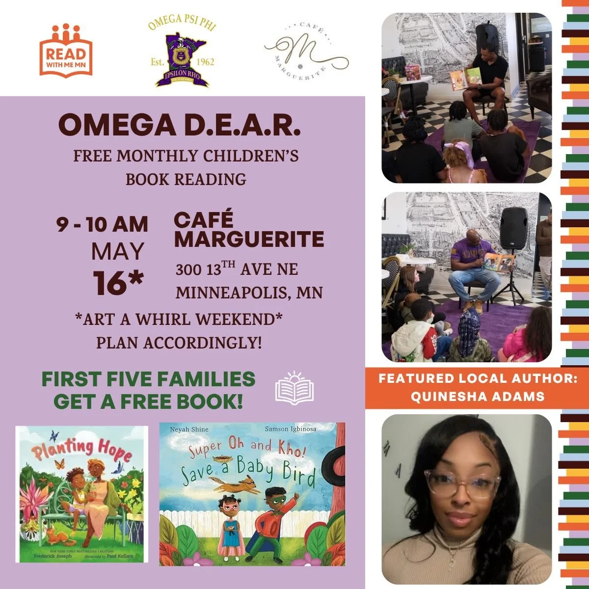 Save the date for May 16th! It will be an exciting weekend with art a whirl and the community buzzing with spring fun! Stop by Saturday morning at 9am to meet local author Quinesha Adams and listen to her book &lsquo;Super Oh and Kho: Save a Baby Bir