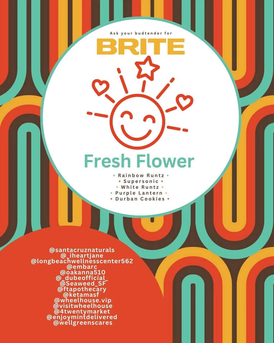 ☀️ Friday FRESH Sun-Grown Flower Drop 
Ask your budtender for BRITE! Which one is your go to?😮&zwj;💨#BRITEflower #smokeBRITE

@santacruznaturals
@_iheartjane
@longbeachwellnesscenter562
@embarc @oakanna510
@_dubeofficial_ @Seaweed_SF
@ftapothecary 