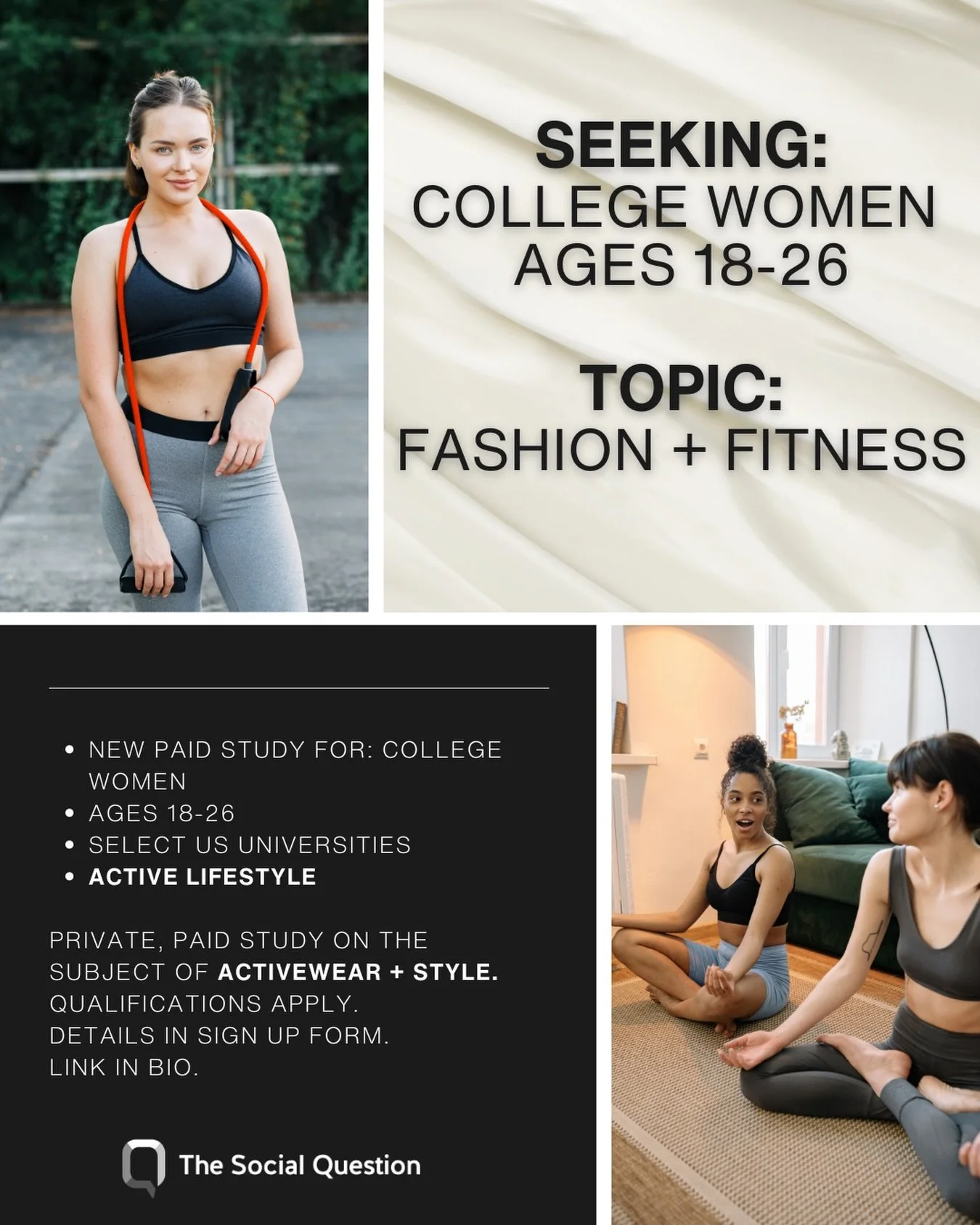 Drop the dumbbells 🏋️&zwj;♀️ New paid study live NOW for college women 18-26 with an active lifestyle. One week, all online. Sign up form in bio &mdash; we&rsquo;re reviewing this weekend!

#PaidStudy #CollegeSideHustle #Activewear #ResearchStudy #M