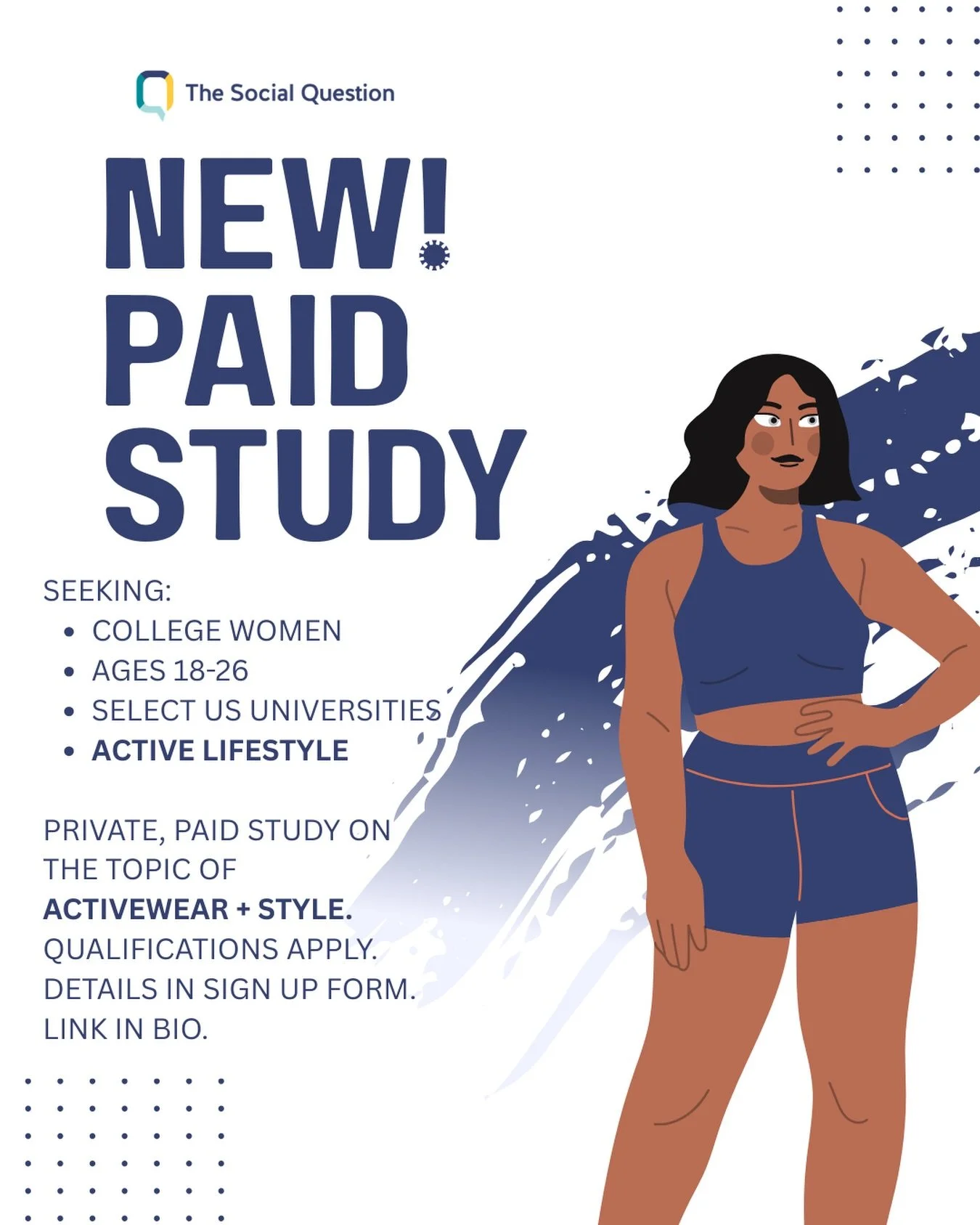 Drop the dumbbells 🏋️&zwj;♀️ New paid study live NOW for college women 18-26 with an active lifestyle. One week, all online. Sign up form in bio &mdash; we&rsquo;re reviewing this weekend!

#PaidStudy #CollegeSideHustle #Activewear #ResearchStudy #M