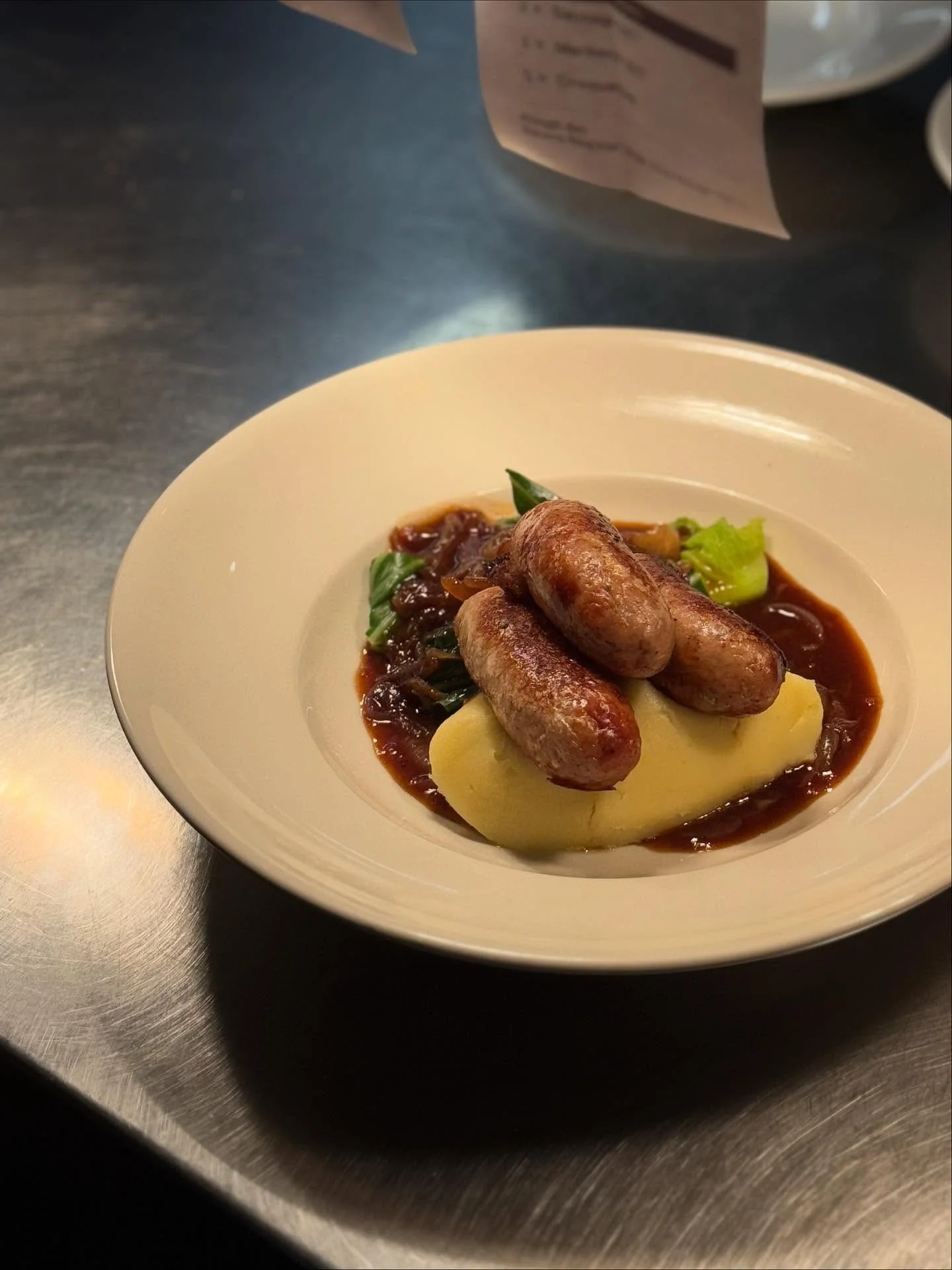 Sausages and mash on our weekday set menu. 

There are fewer things better when escaping from the wind and rain than hunkering down in a cosy country pub. Muddy boots and muddy paws are both welcome to dry off in front of the log burners, before sett