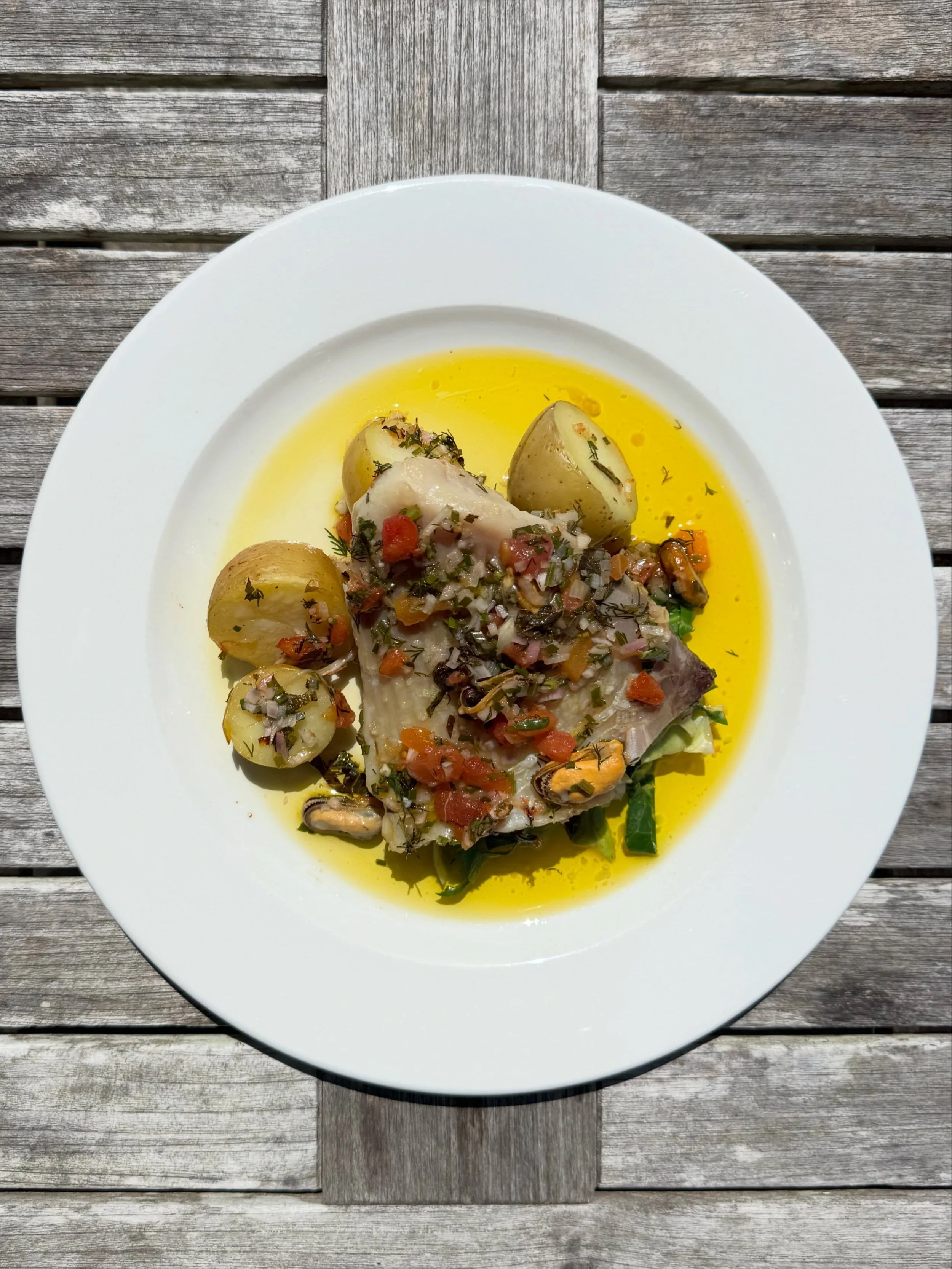 Skate wing, new season potatoes, spring greens, sauce vierge and mussels. 

On the menu now. This bank holiday weekend it&rsquo;s looking to be garden weather. Our menus change daily and we can&rsquo;t guarantee this exact dish over the weekend. Or t