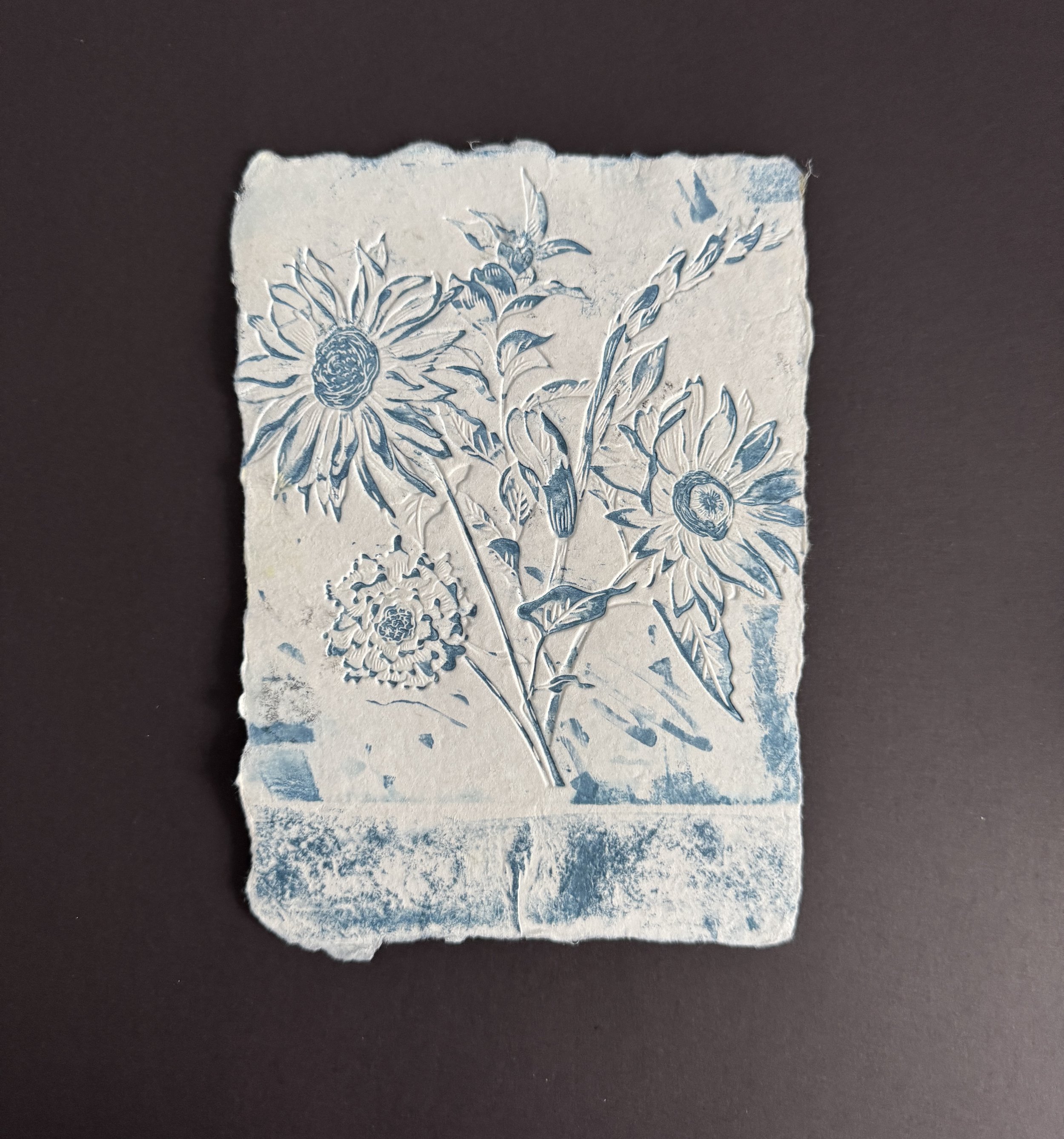 Embossed botanical art on cobalt ink handmade paper by Cottage at Marehaven