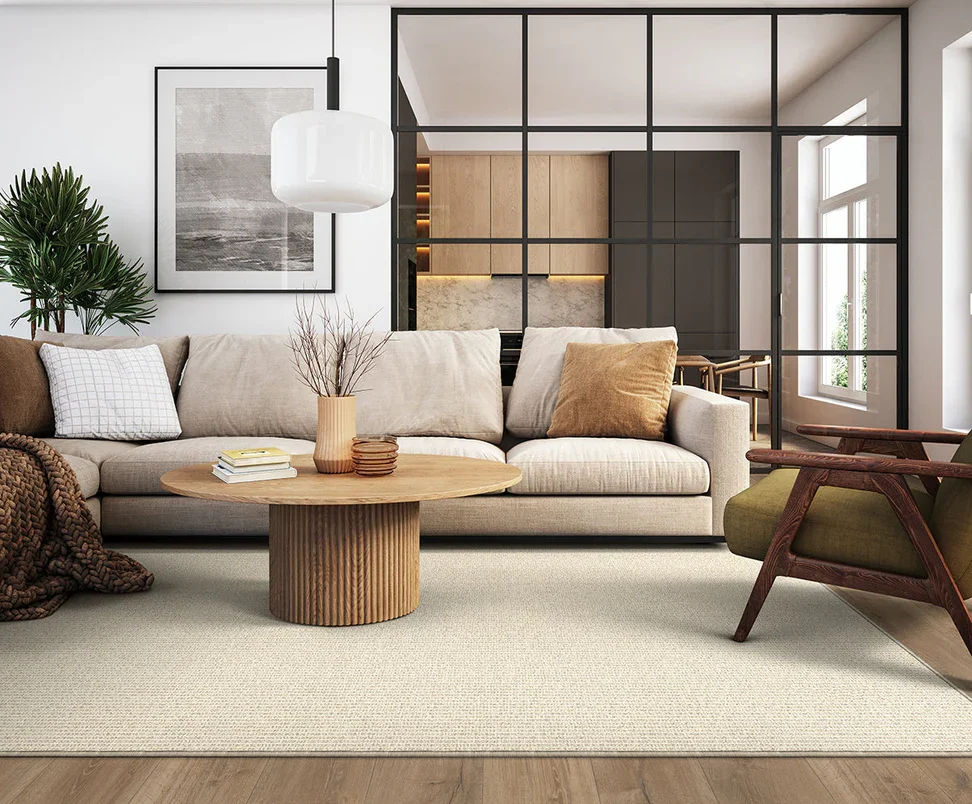 Shaw carpet in a modern comfort living room look with coffee table, couch and chair