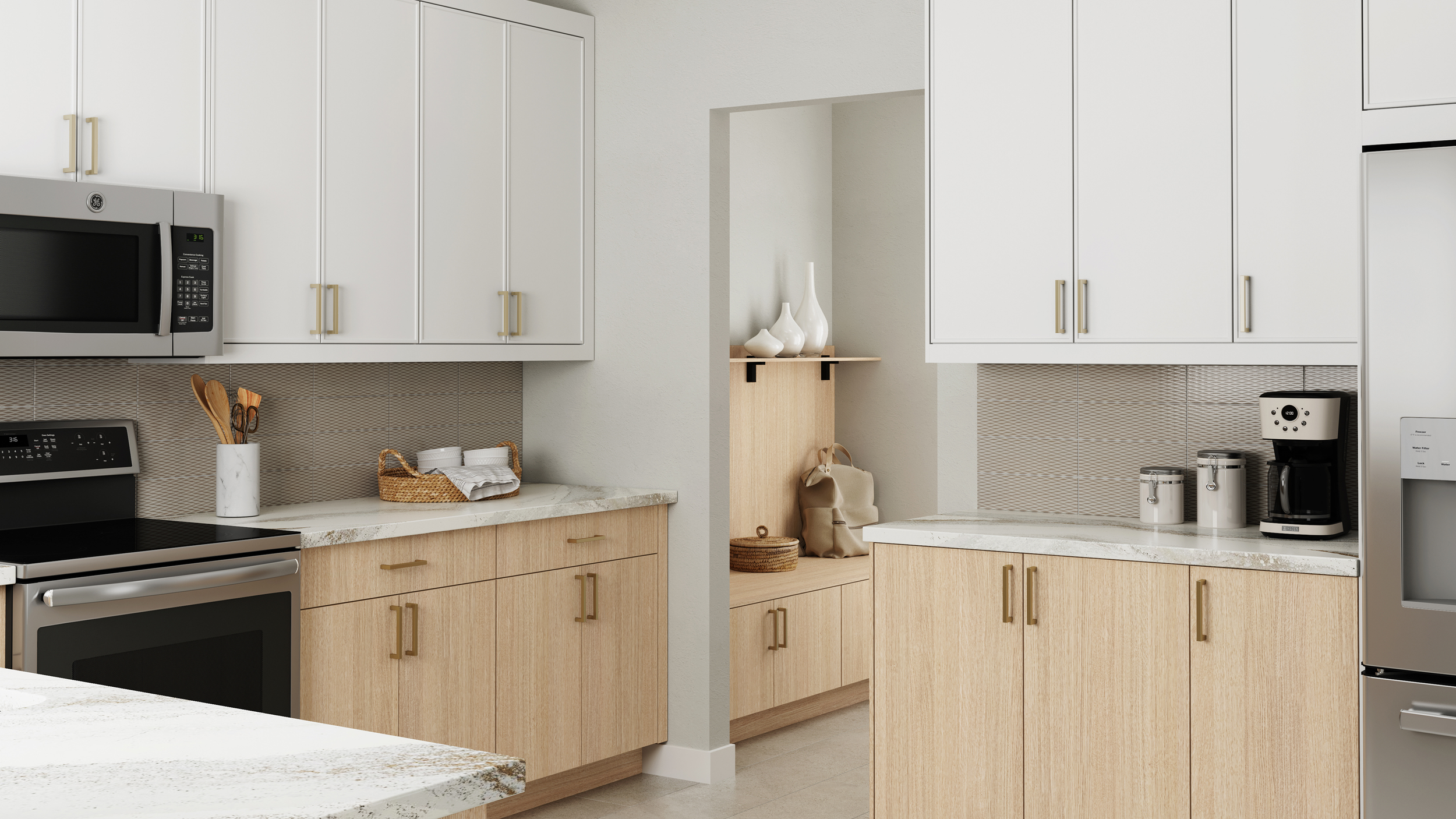 Bellmont cabinets, white and wood 1300 series