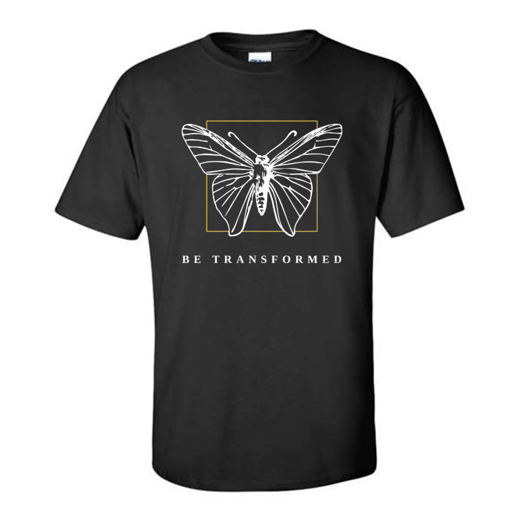 Romans 12 2 Be Transformed Butterfly Tshirt Black Front.png