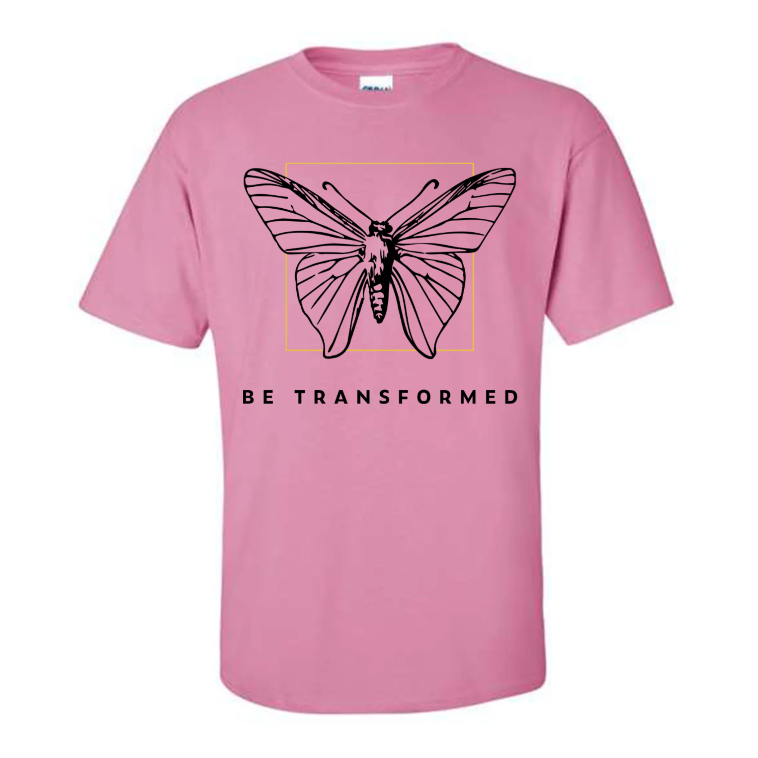 Romans 12 2 Be Transformed Butterfly Tshirt Pink Front.png