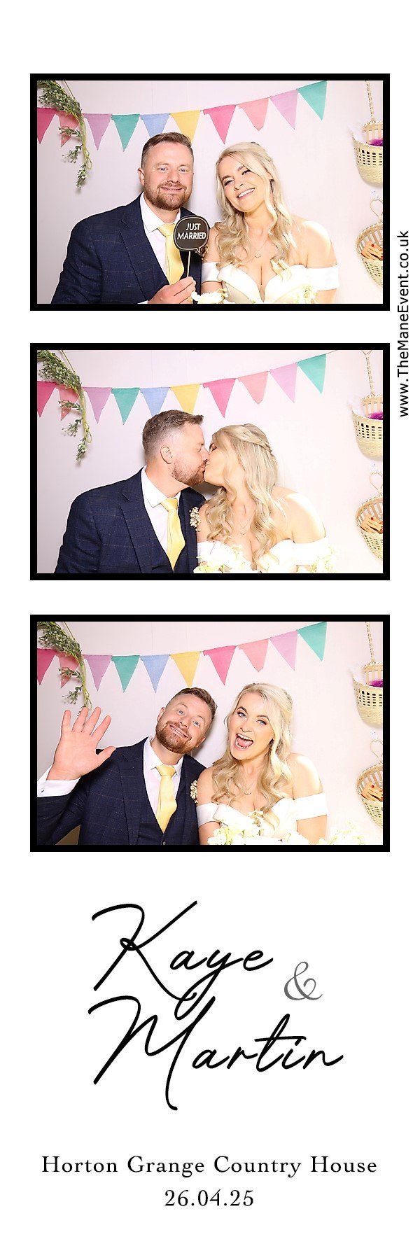 Photo booth strip with a couple celebrating their wedding, holding a 'Just Married' sign. The backdrop features colorful bunting and decorative elements. Text reads 'Kaye & Martin, Horton Grange Country House, 26.04.25.'