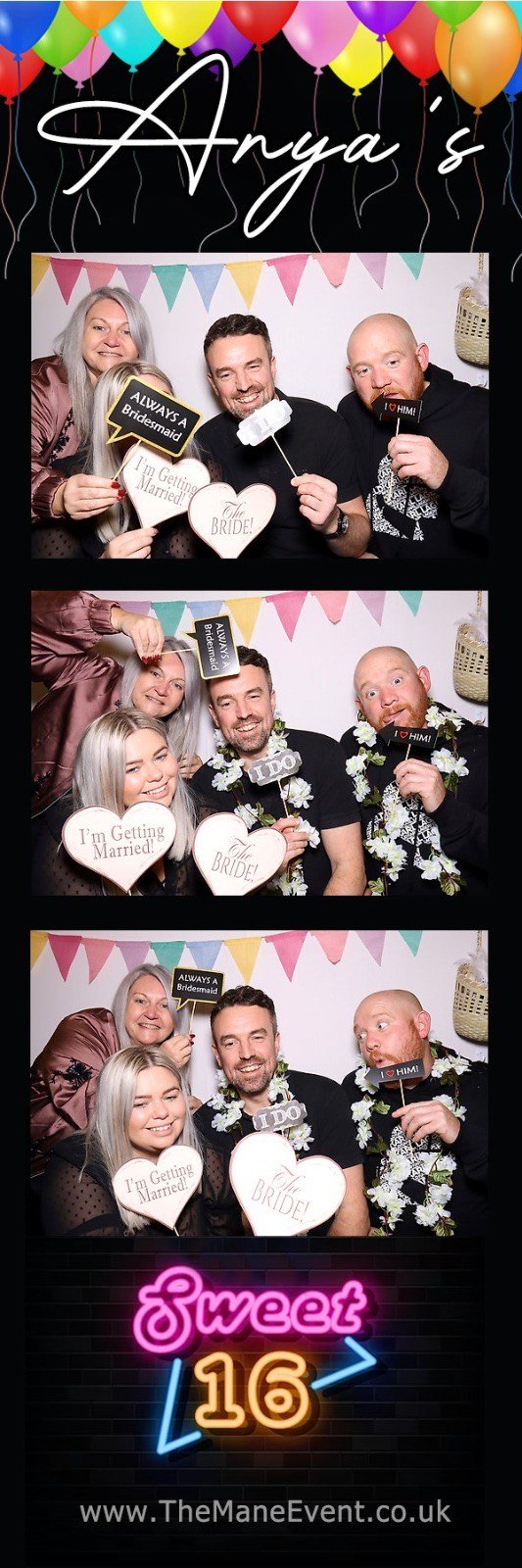 Group of people at a photo booth holding wedding-themed props with signs like "I'm Getting Married," "I Do," and "Always a Bridesmaid." They are participating in an event labeled "Sweet 16" by The Mane Event, with colorful balloons and lettering."