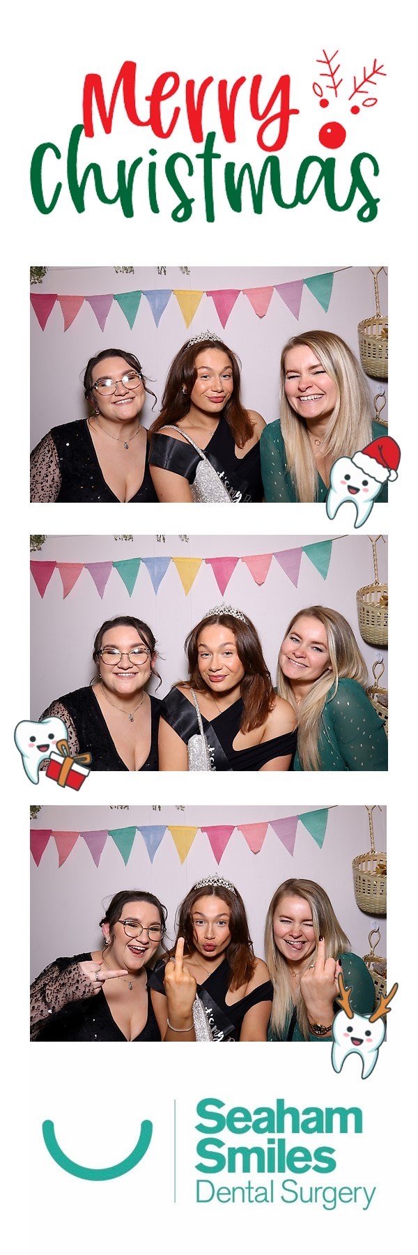 Photo booth strip featuring three women posing and smiling; 'Merry Christmas' text and festive dental-themed graphics, with Seaham Smiles Dental Surgery logo at the bottom.