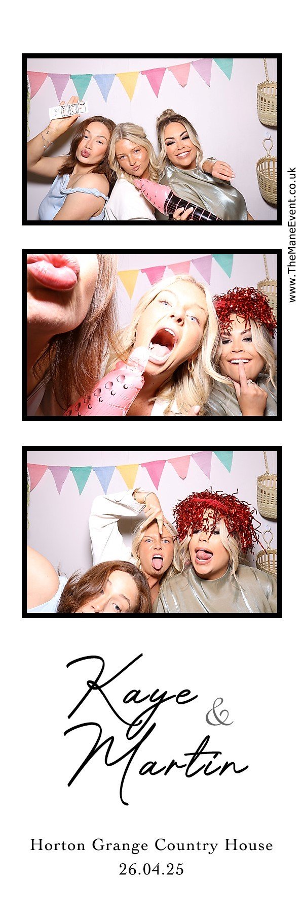 Photobooth strip with three smiling people in front of colorful bunting flags. They are playfully posing with props in three separate photos. Text below reads "Kaye & Martin, Horton Grange Country House, 26.04.25."