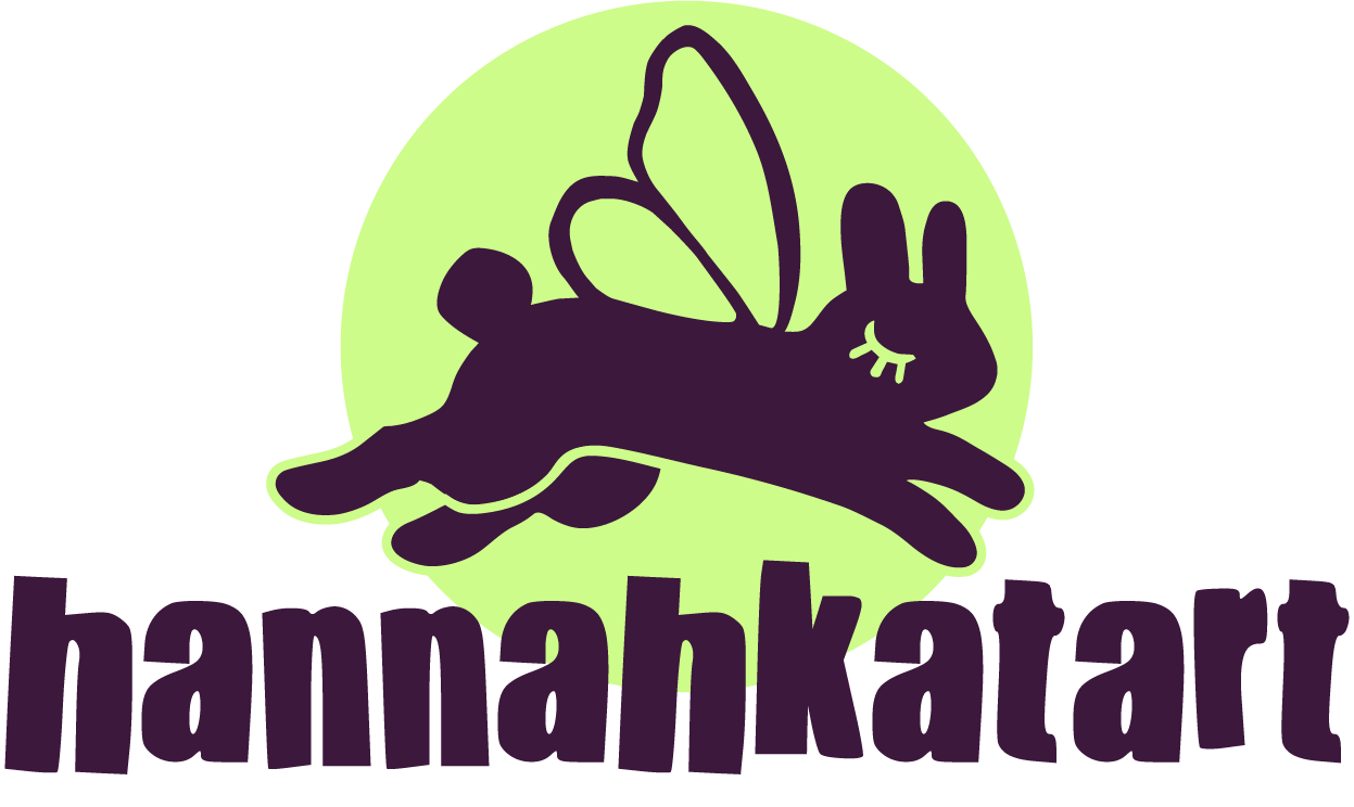 A logo features a dark purple bunny mid-jump with closed eyes and light green butterfly wings, inside a light green circle background. Below the bunny is the text 'hannahkatart' in dark purple letters.