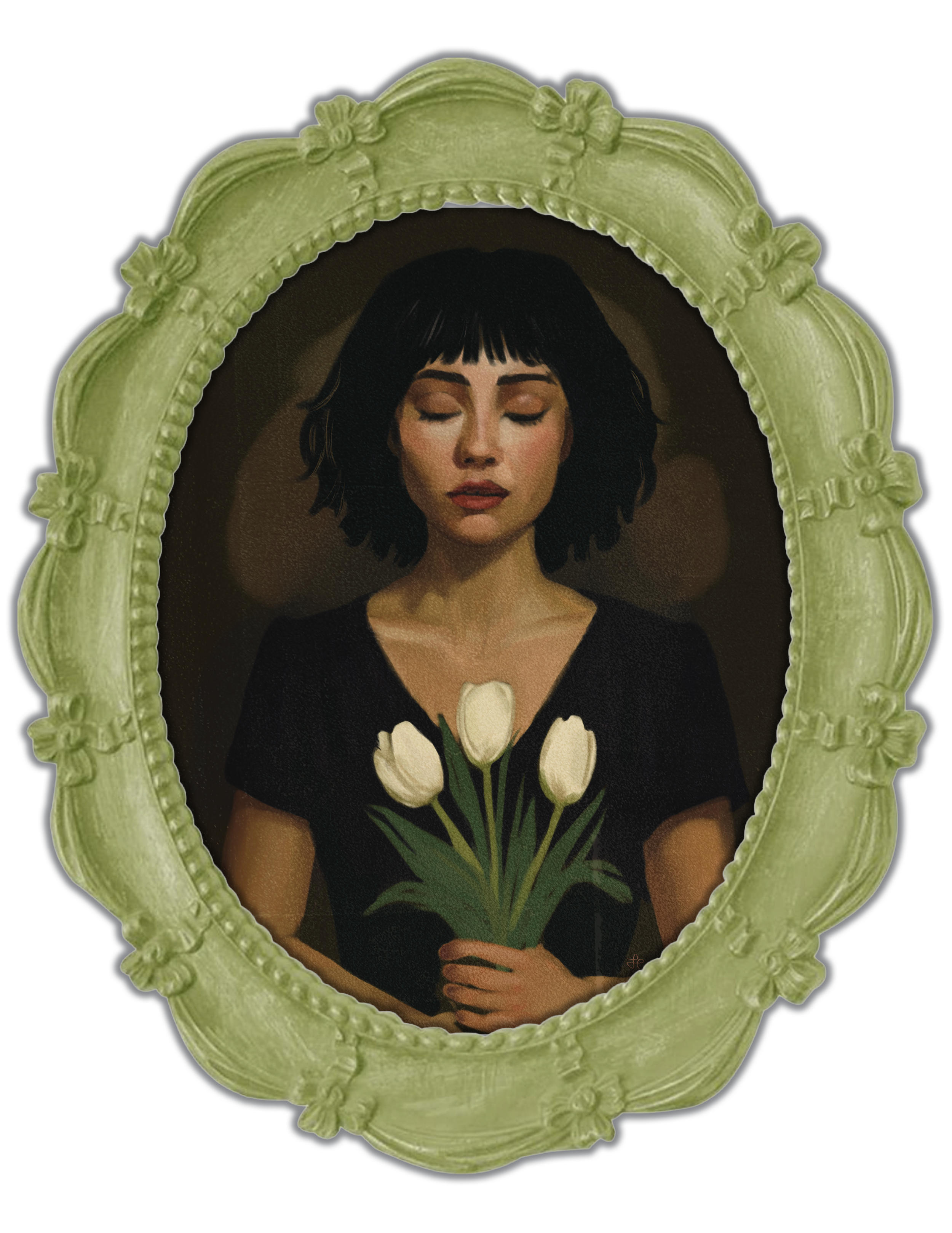 Portrait of a woman with short black hair and closed eyes, holding a bouquet of white tulips, framed by an ornate green frame.