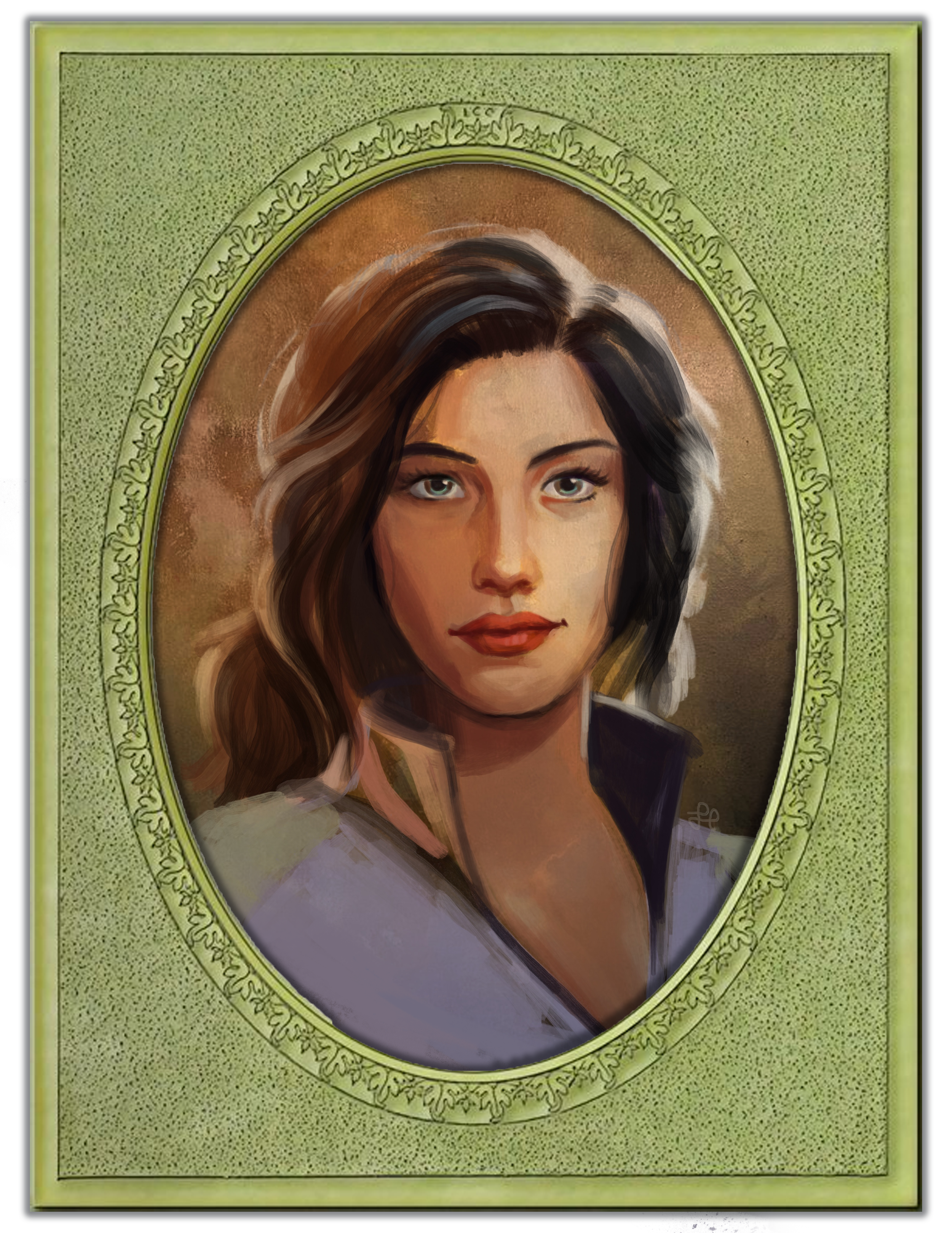 A digital painting of a woman with wavy brown hair, blue eyes, and red lipstick, surrounded by a decorative olive green frame.