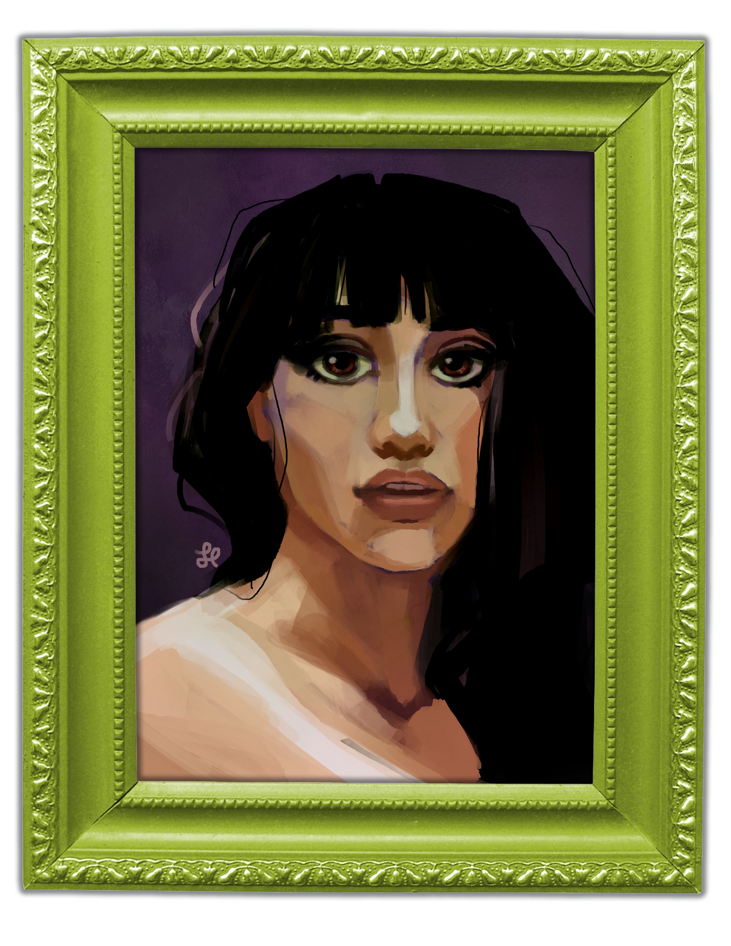 Digital painting of a woman with dark hair and striking green eyes, framed in a green ornate frame.