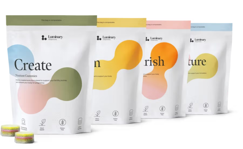 Variety of Luminary Vitamins nutrient gummies packaging for a page about when to start fertility treatment
