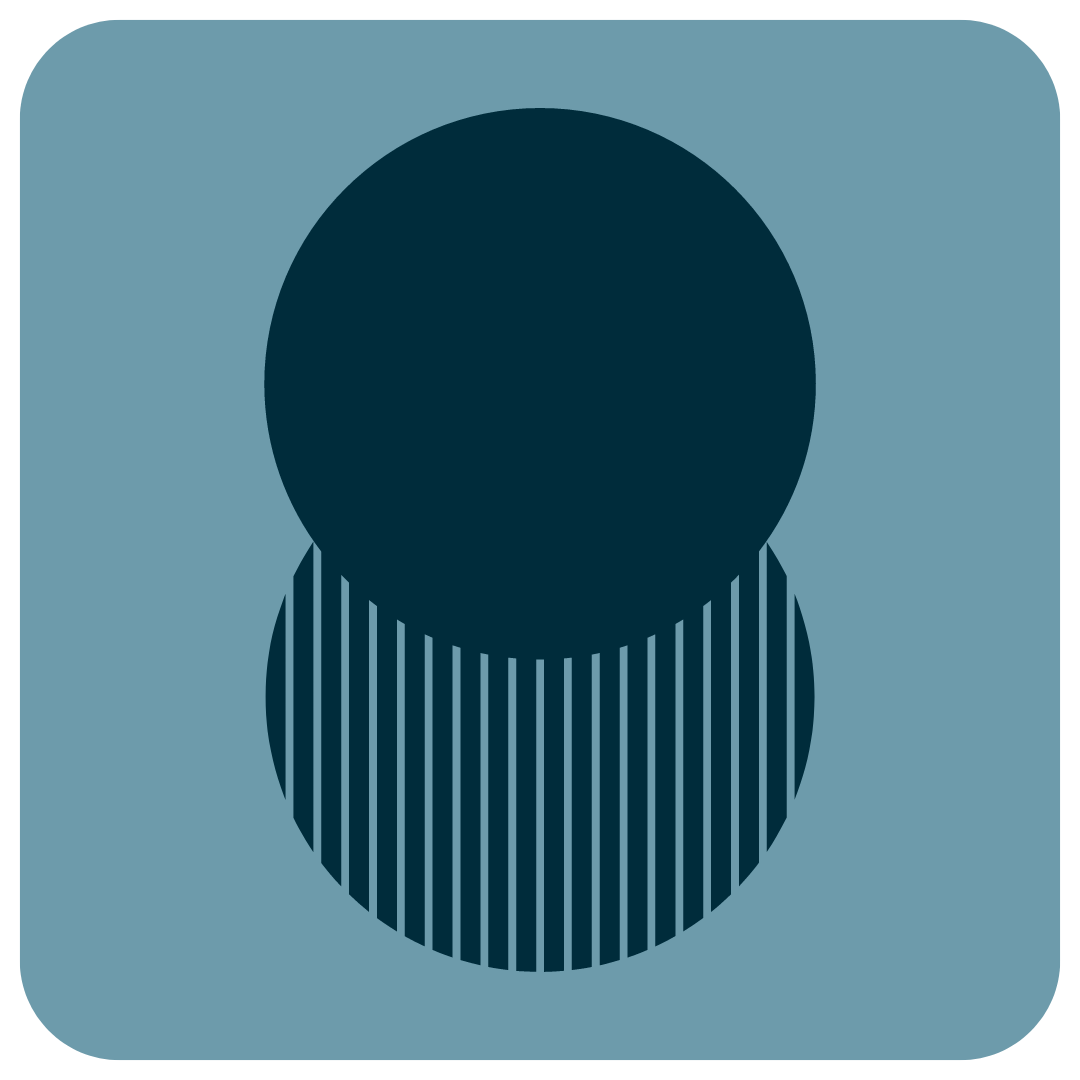 Two overlapping circles, one solid black and one with vertical stripes, on a blue background.