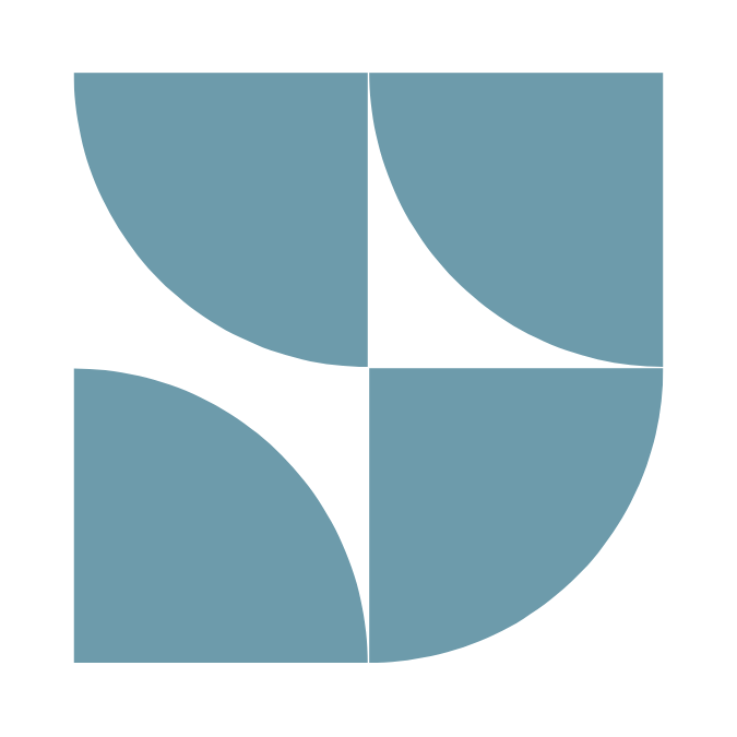 Abstract geometric pattern with four quarter circles and squares in muted blue tones