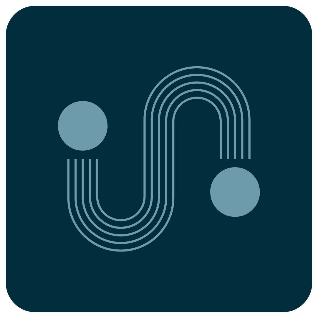 Stylized design with two circular shapes connected by curved lines in a dark teal color scheme.