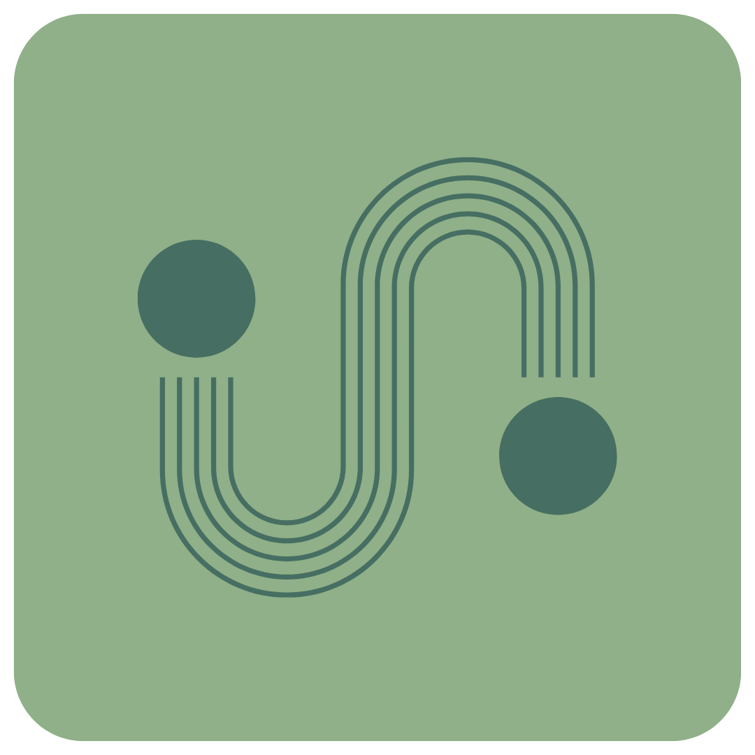 Abstract logo with two dark green circles connected by curved lines on a light green background.