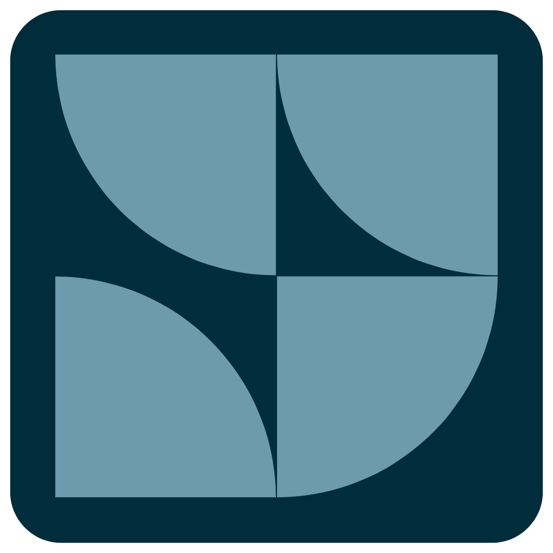 Abstract geometric design with curved shapes and a dark blue and light blue color scheme.