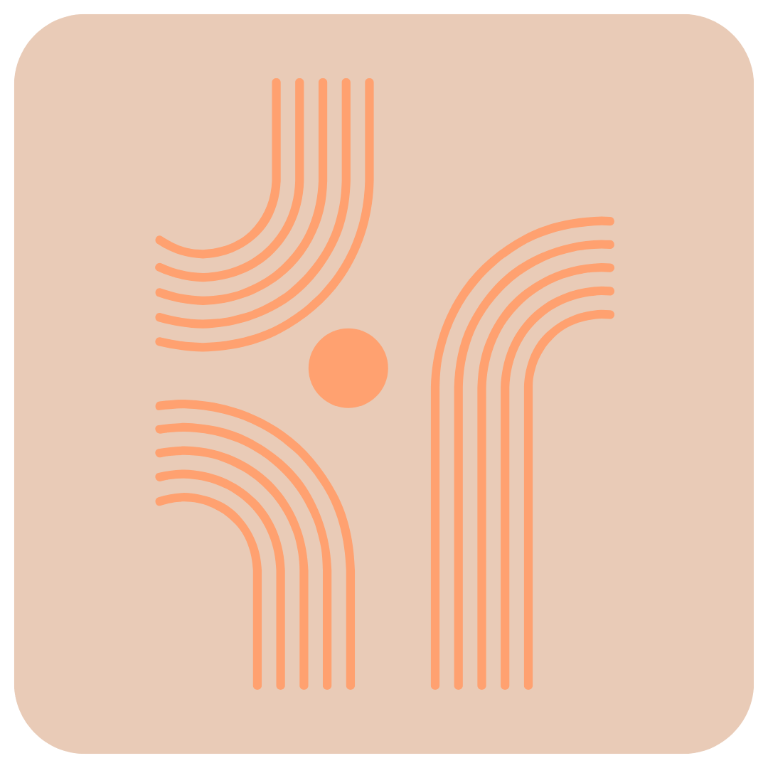 Abstract design with orange curves and a circle on a beige background.