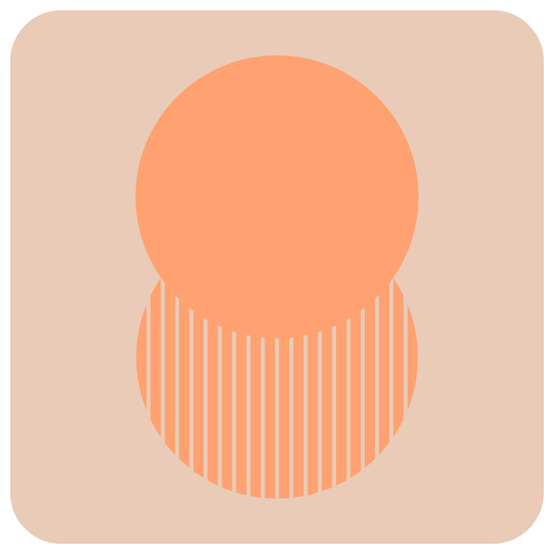 Minimalist design with overlapping orange circles, one featuring vertical lines, on a beige background.