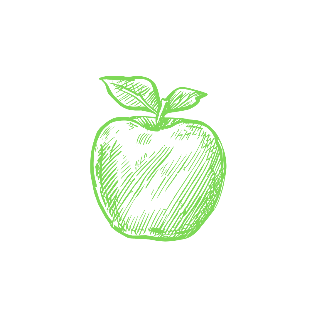 Sketch of a green apple with two leaves on top.
