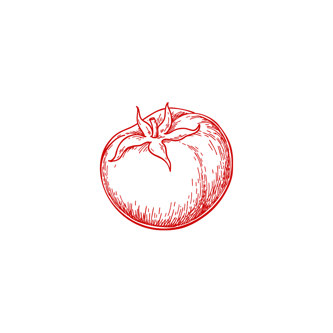 Red line drawing of a tomato with a leafy top on a white background.
