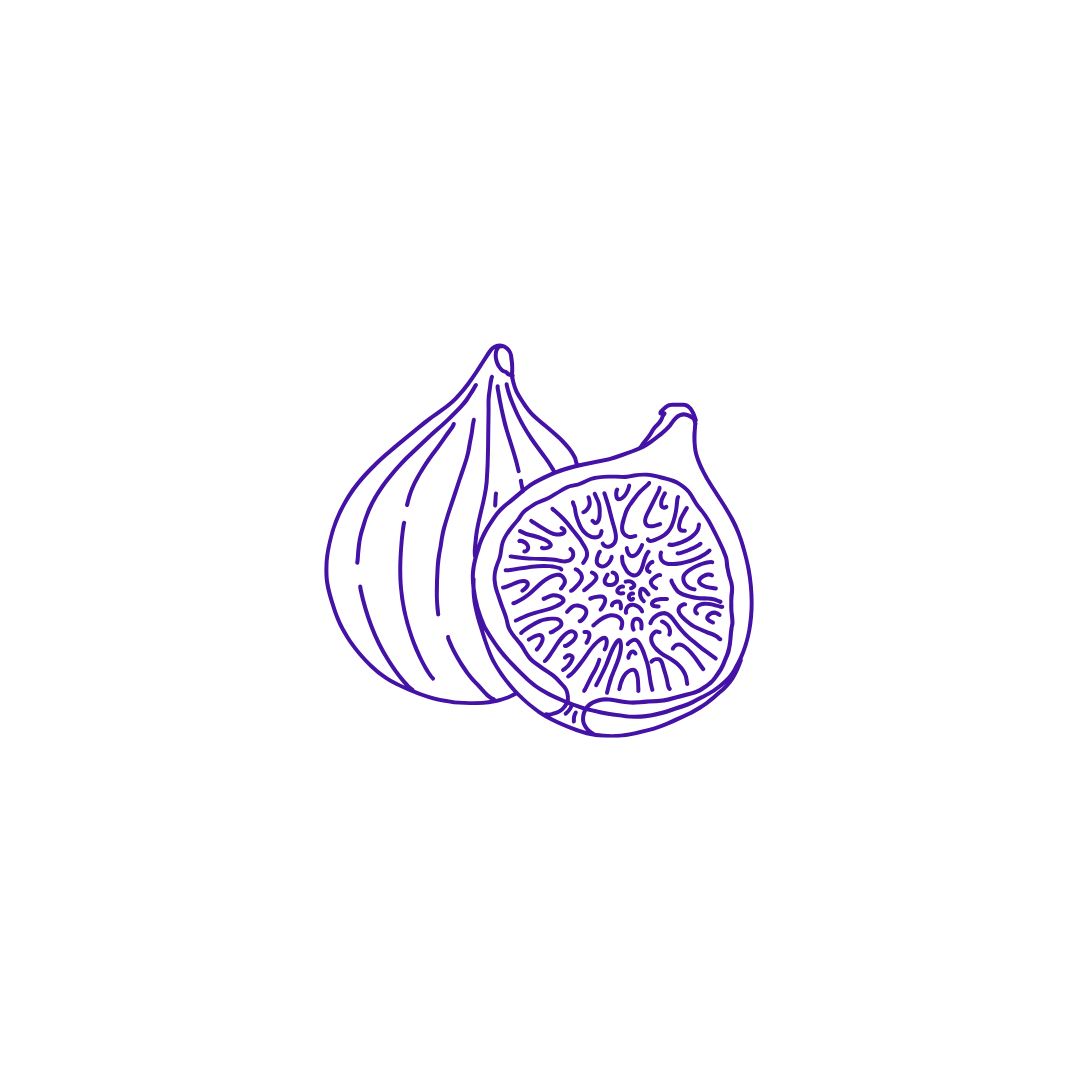 Line drawing of a whole and a halved fig with visible interior detail.