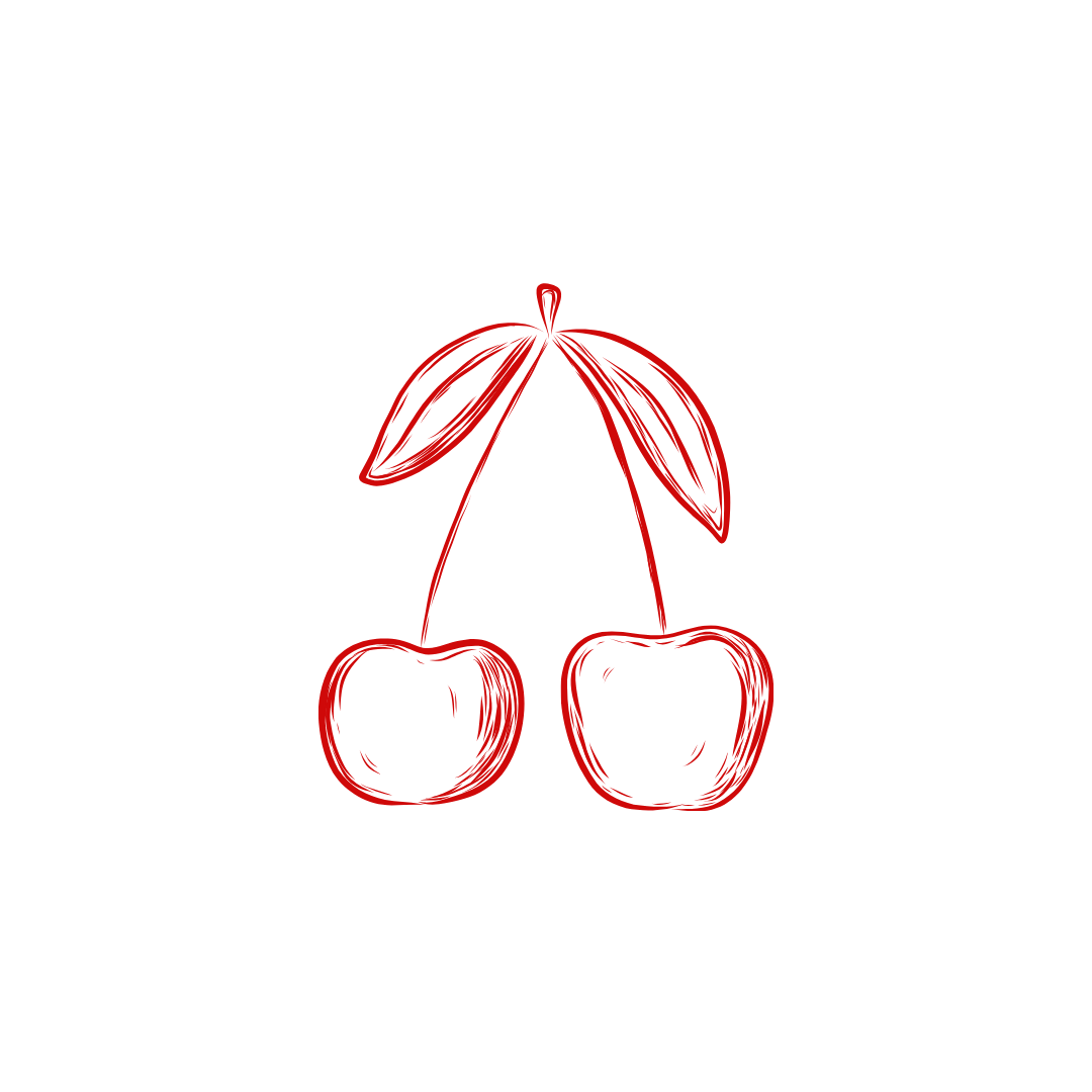 Red sketch of two cherries with leaves on a white background.