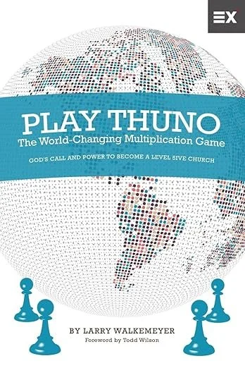 Book cover titled 'Play Thuno: The World-Changing Multiplication Game' with a dotted globe illustration and chess pawns at the bottom.
