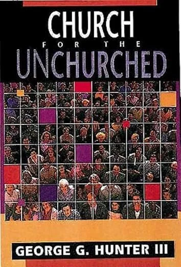 Book cover titled "Church for the Unchurched" by George G. Hunter III, featuring an image of a crowd of church attendees arranged in a mosaic grid.