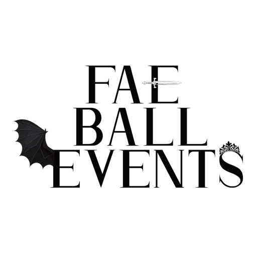 Logo for Fae Ball Events featuring a bat wing, a sword, and a small crown against a black background.