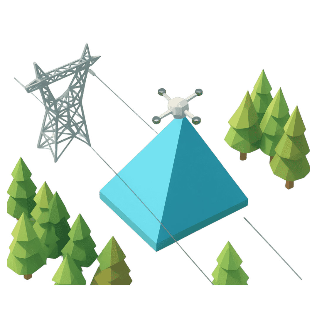 A polygonal illustration of a drone capturing LiDAR data near powerlines