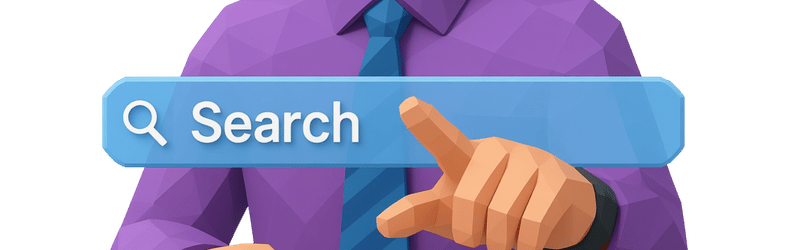 A polygonal illustration of a man in a shirt and tie pointing to a 3d search bar with 'Search' in the text field