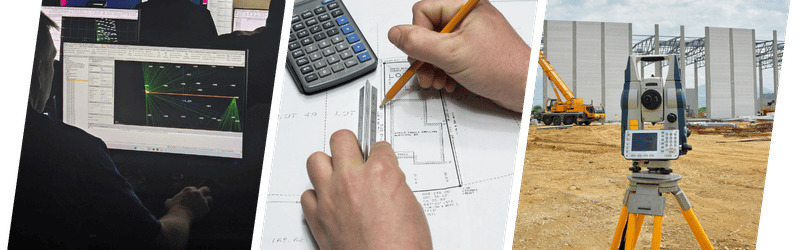 Land Surveying imagery, including equipment, software, and drawings with a calculator