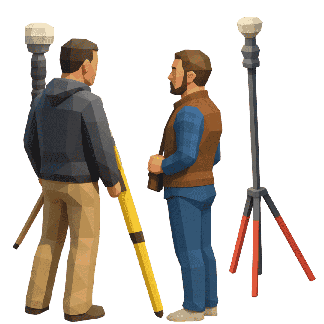 A polygonal illustration of 2 surveyors and their equipment