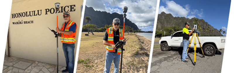 Several photos of Robert working in Hawaii at Hawaii Surveying