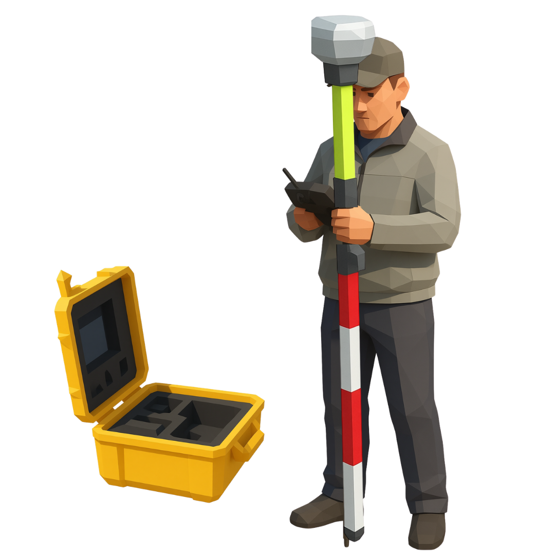 A low-poly illustration of a land surveyor with equipment
