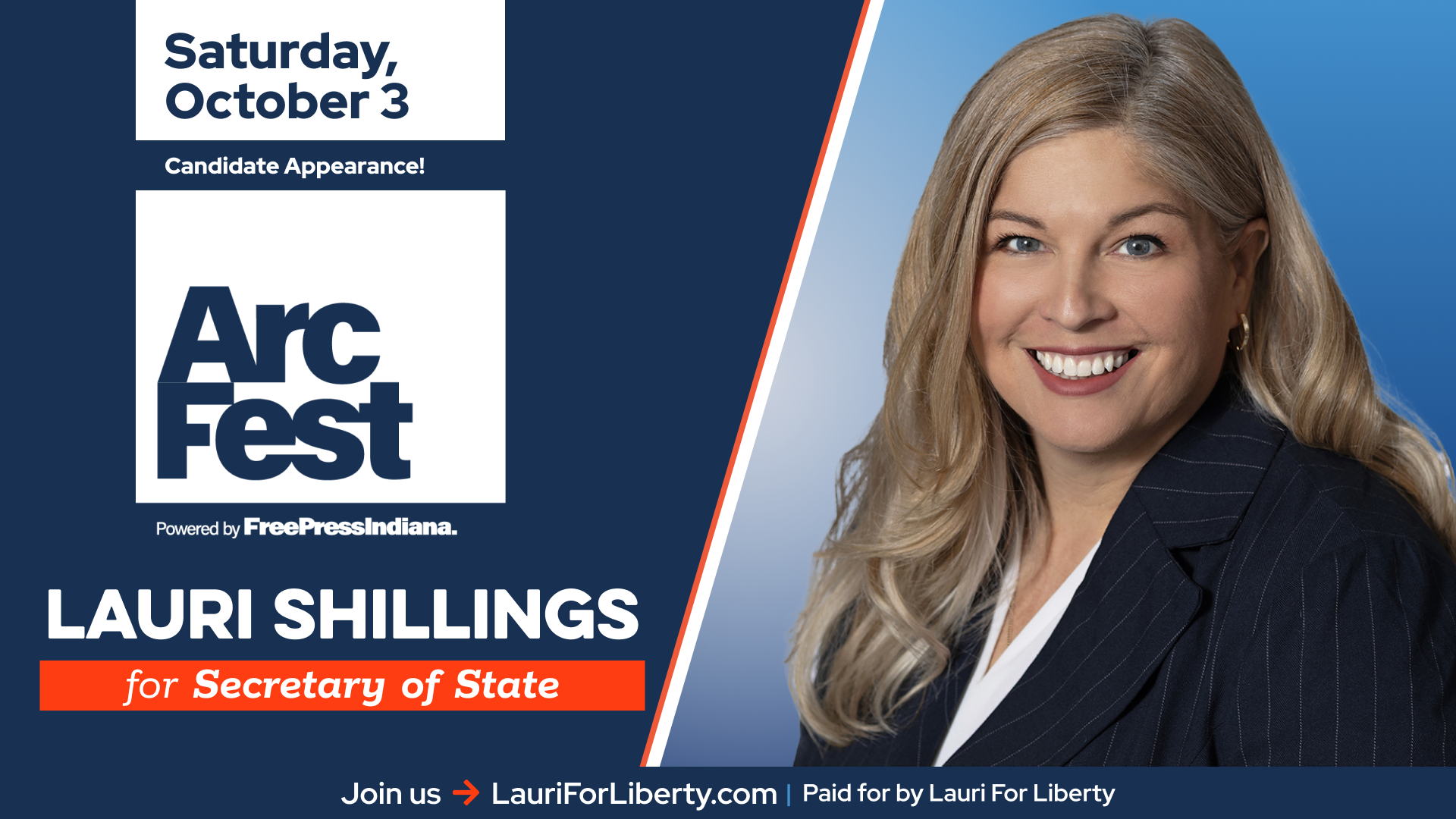 Promotional image stating that Lauri Shillings will appear at ARC Fest on October 3, 2026 in Indianapolis