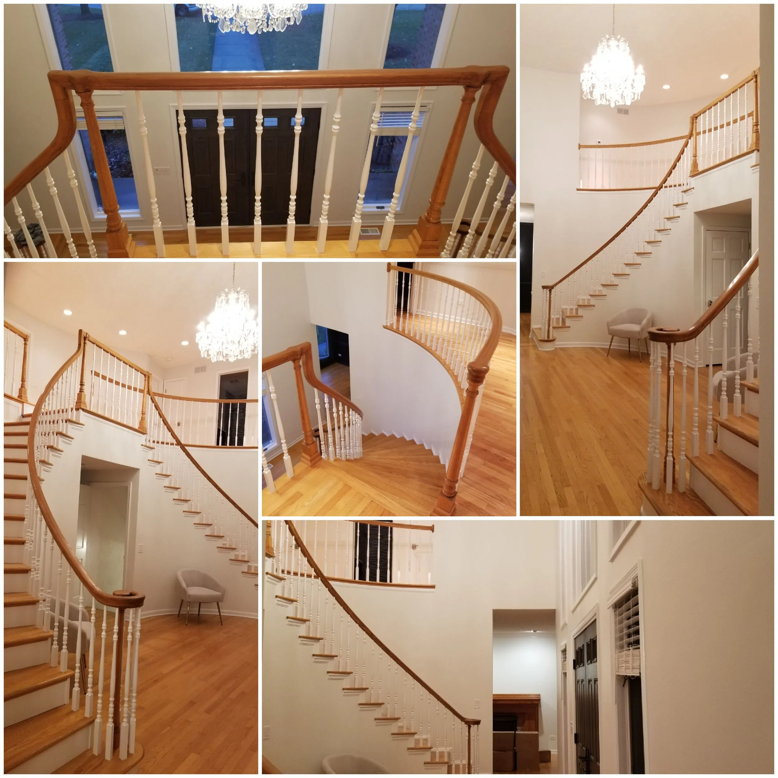 A collage of images showcasing a residential painting transformation. Highlights the attention to detail on a curved staircase balustrade, dramatic black wall contrasts, and the seamless finish of the entire two-story grand entrance and upstairs area