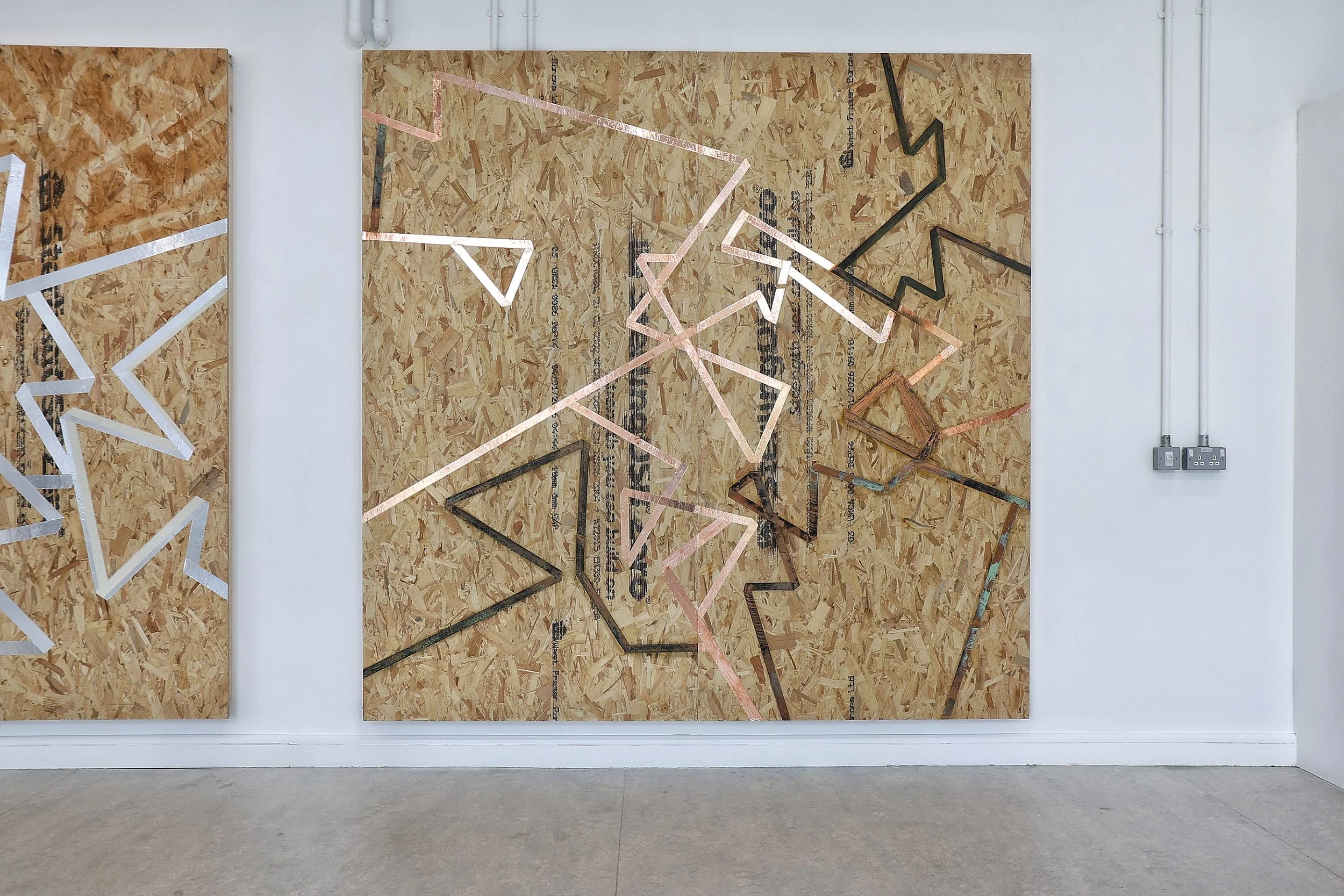 Graduate showcase May 21st - 28th, Boards XI &XII(Diptych), Coppertape and ferricchloride etching onOSB, 8ft x 8ft, 2026