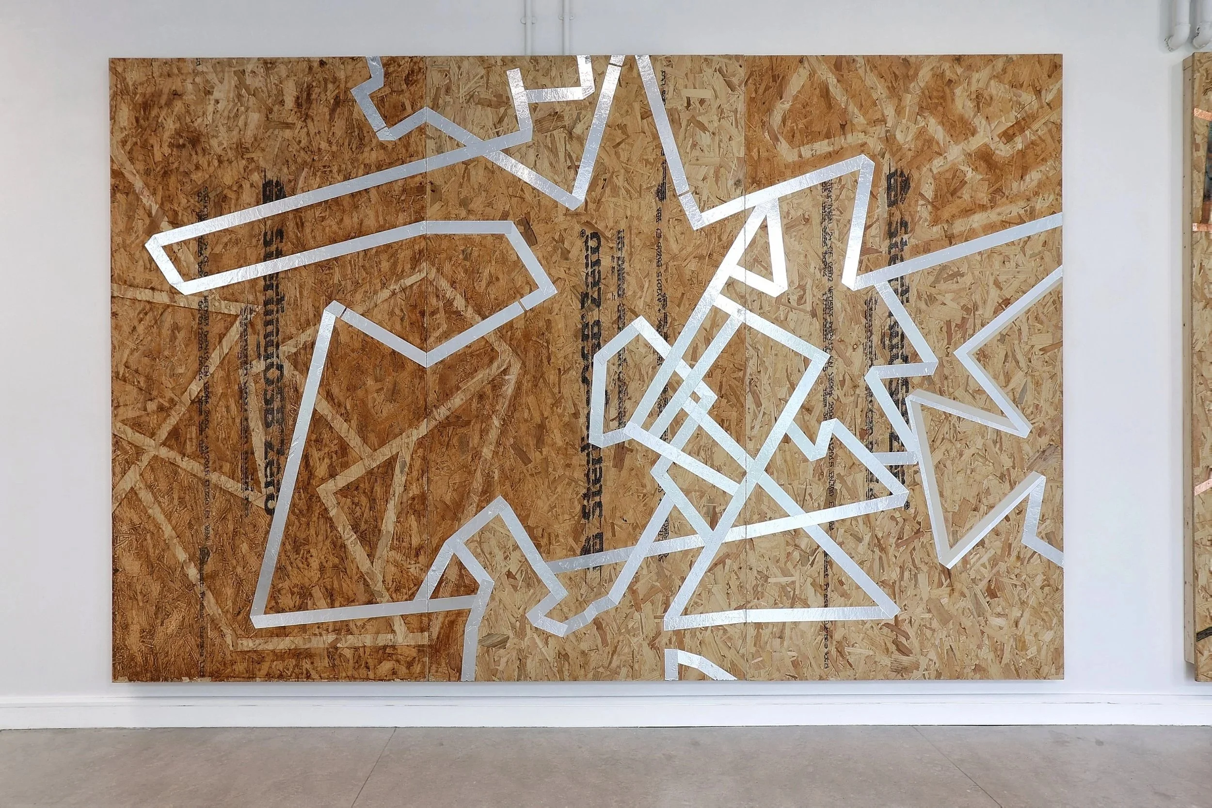 Graduate showcase May 21st - 28th, Boards VIII, IX & X (Triptych), Aluminium tape,masking tape and Iron oreonOSB, 12ft x 8ft, 2026
