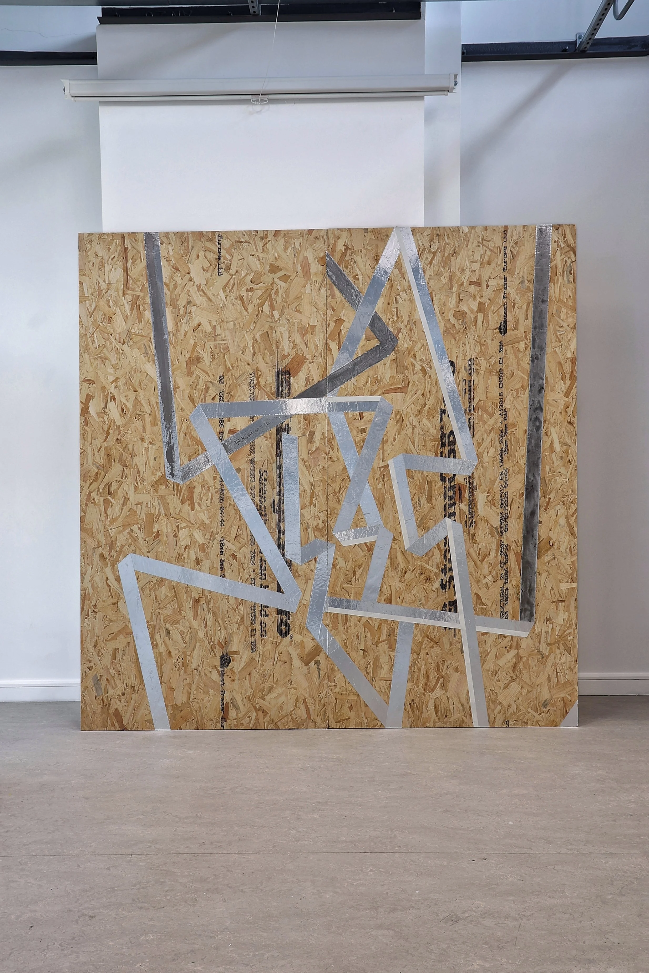 Graduate showcase 21st May - 28th, Boards XIII &XIV (Diptych), Aluminiumtape, masking tape &ferric chloride etchingon OSB, 8ft x 8ft, 2026
