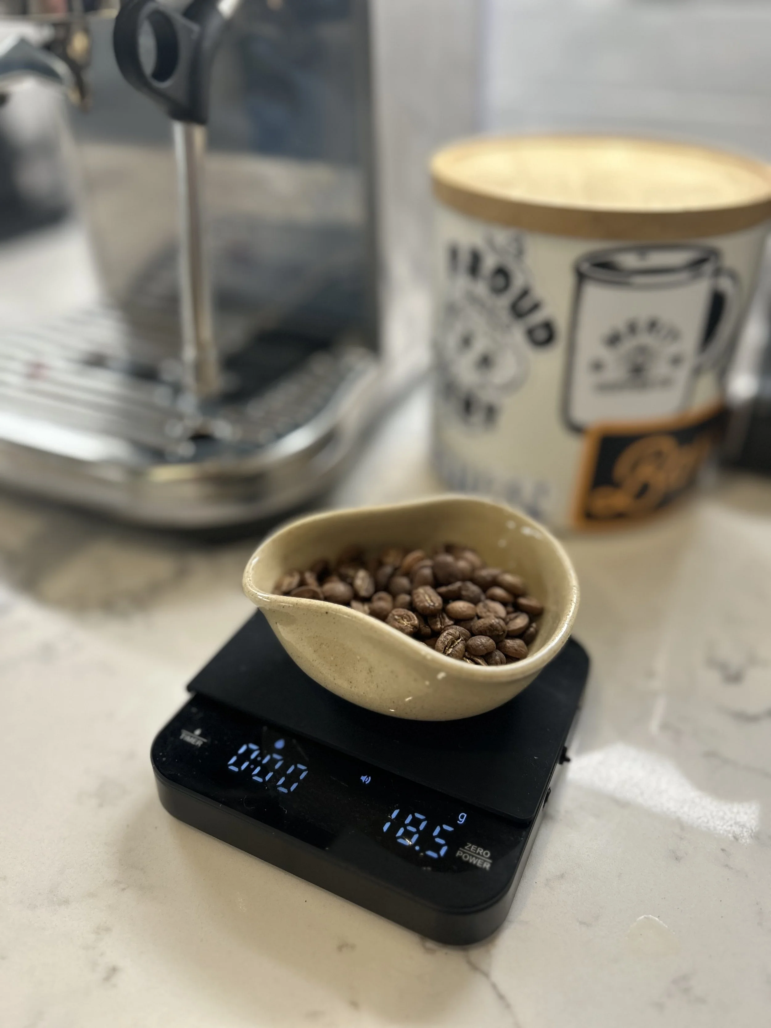 Bean Bowl.  Scoop with one end, weigh, and pour into your grinder from the other.