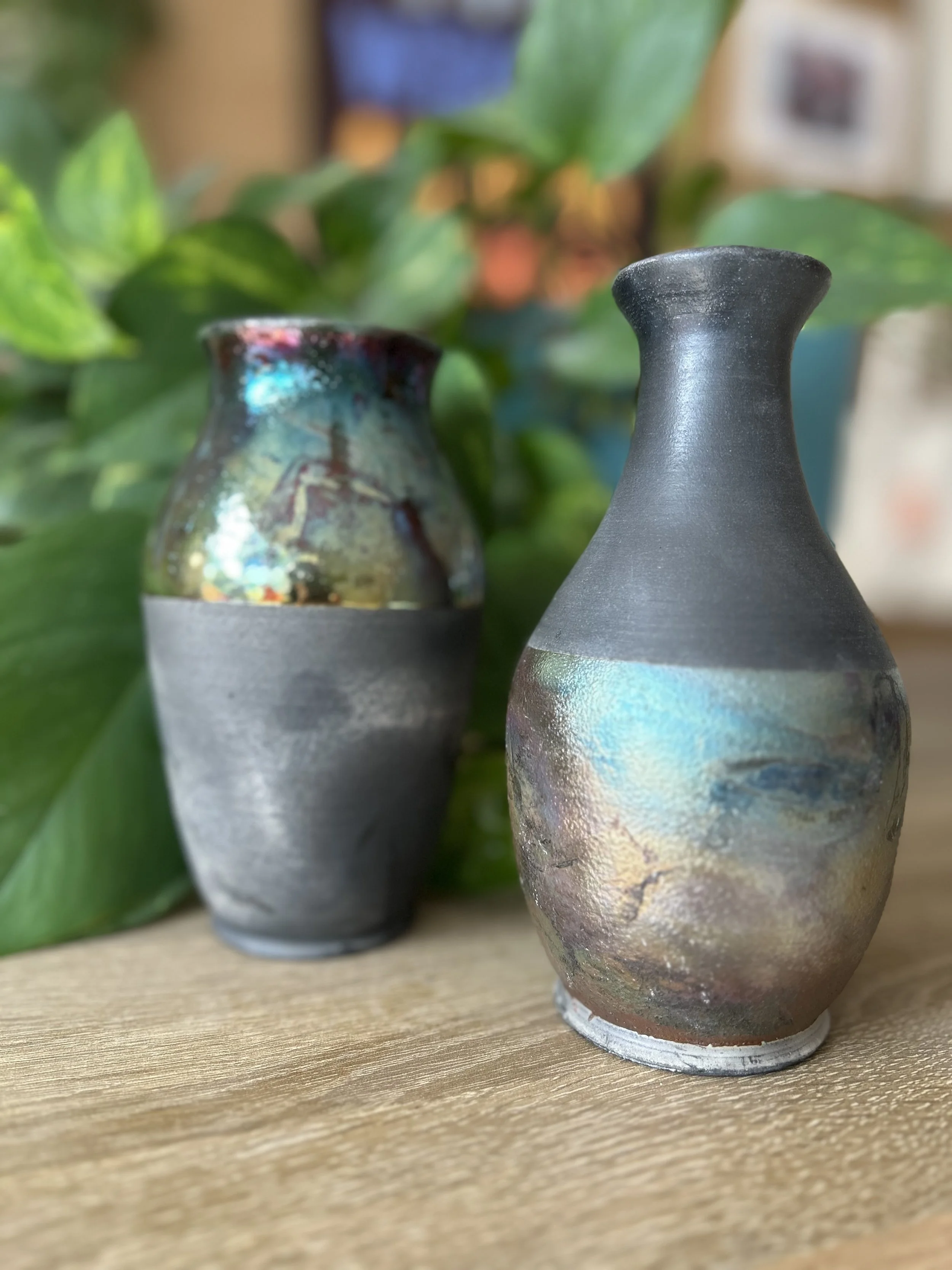Raku Vases.  Unpredictable glaze effects in alternative kiln firings.