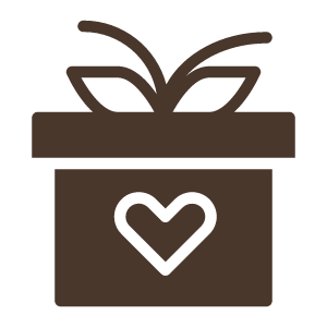 A gift box with a heart on it, with ribbon or plant stems protruding from the top.