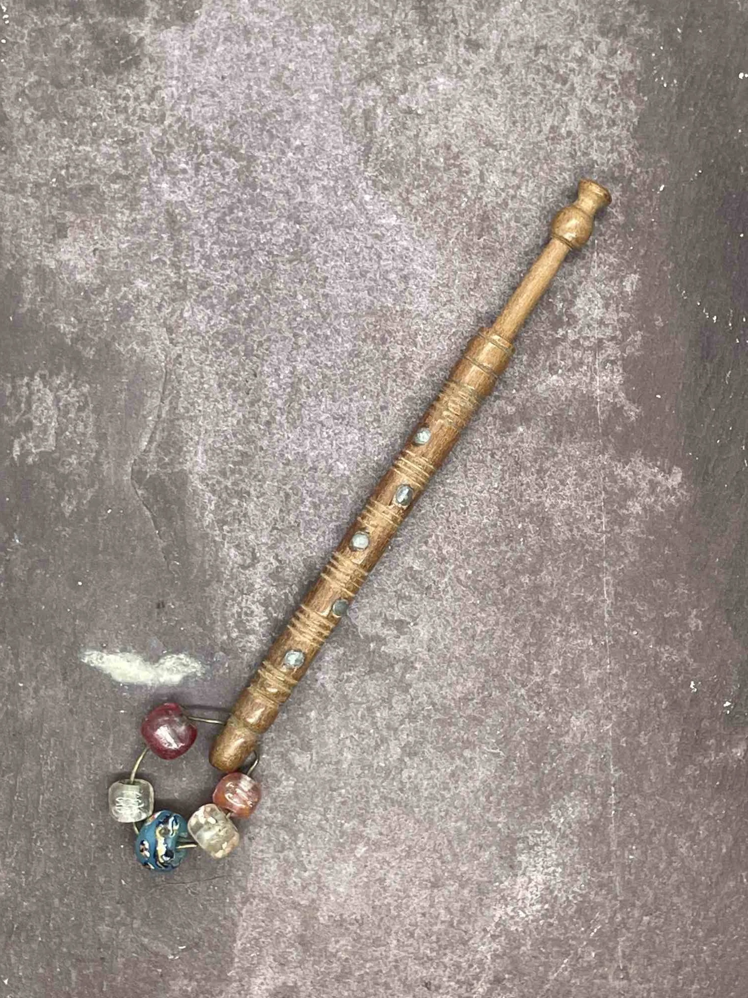19th-century Antique Wooden Bobbin with pewter 'leopard' decoration spangle (our ref W13)