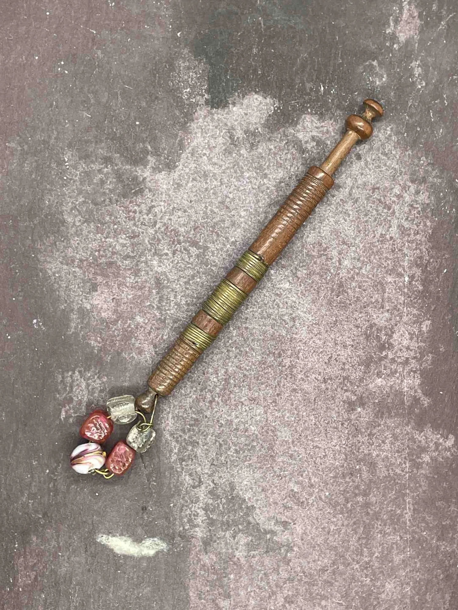 19th-century Antique Wooden Bobbin with pewter 'leopard' decoration spangle (our ref W16)